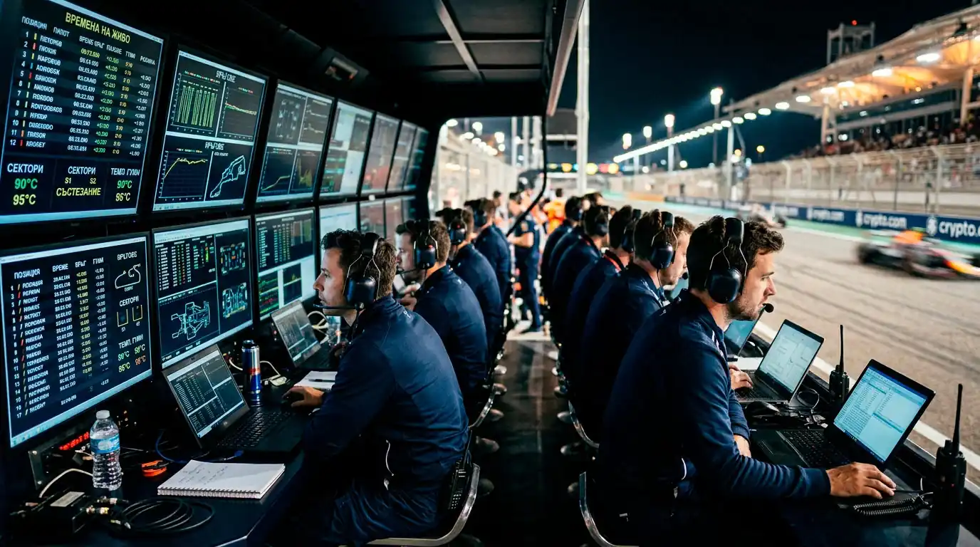 Pit wall на отбор от Формула 1 със стена от екрани, показващи телеметрия в реално време